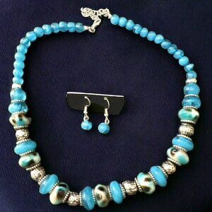 Various Carribean Blue Beads w Silver Spacers Necklace w Matching Earrings